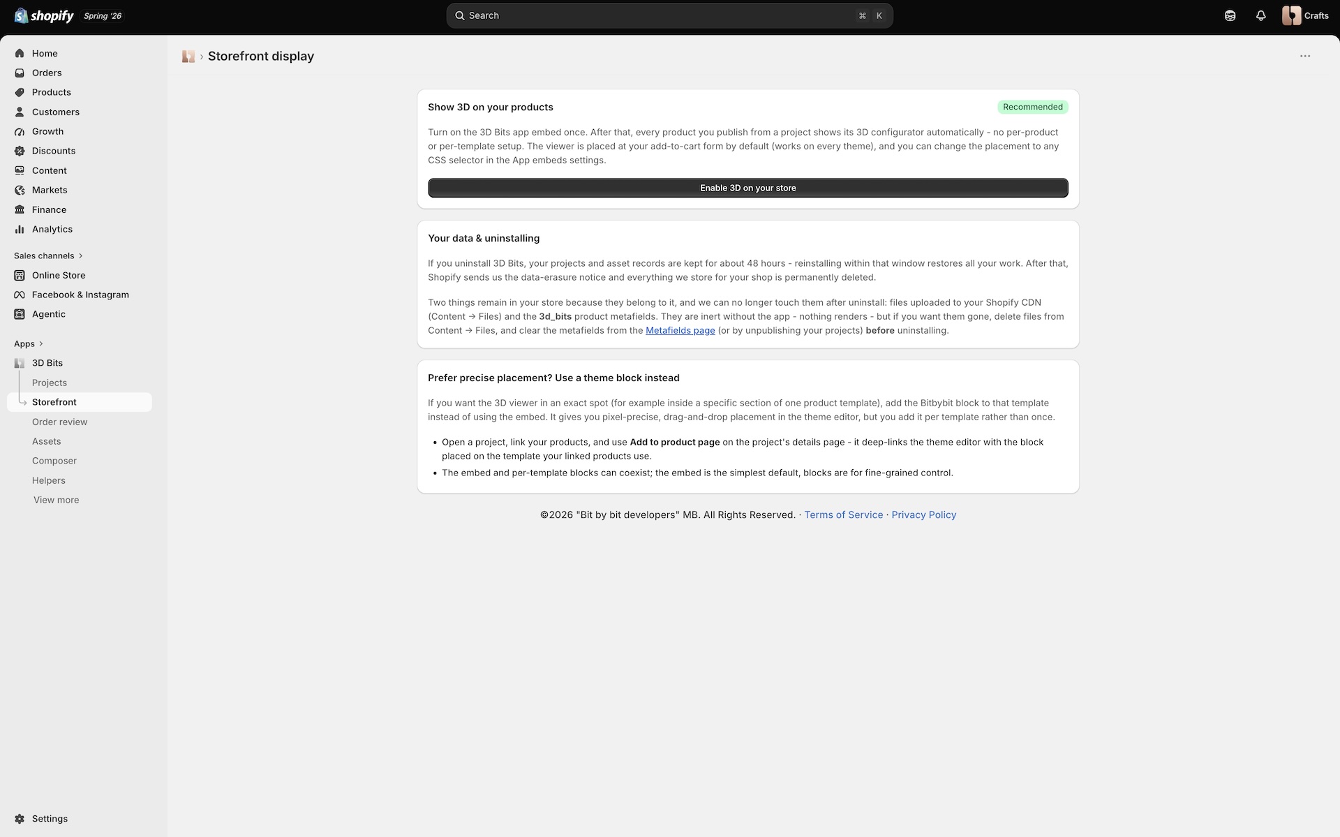 3D Bits App Embed Storefront Page
