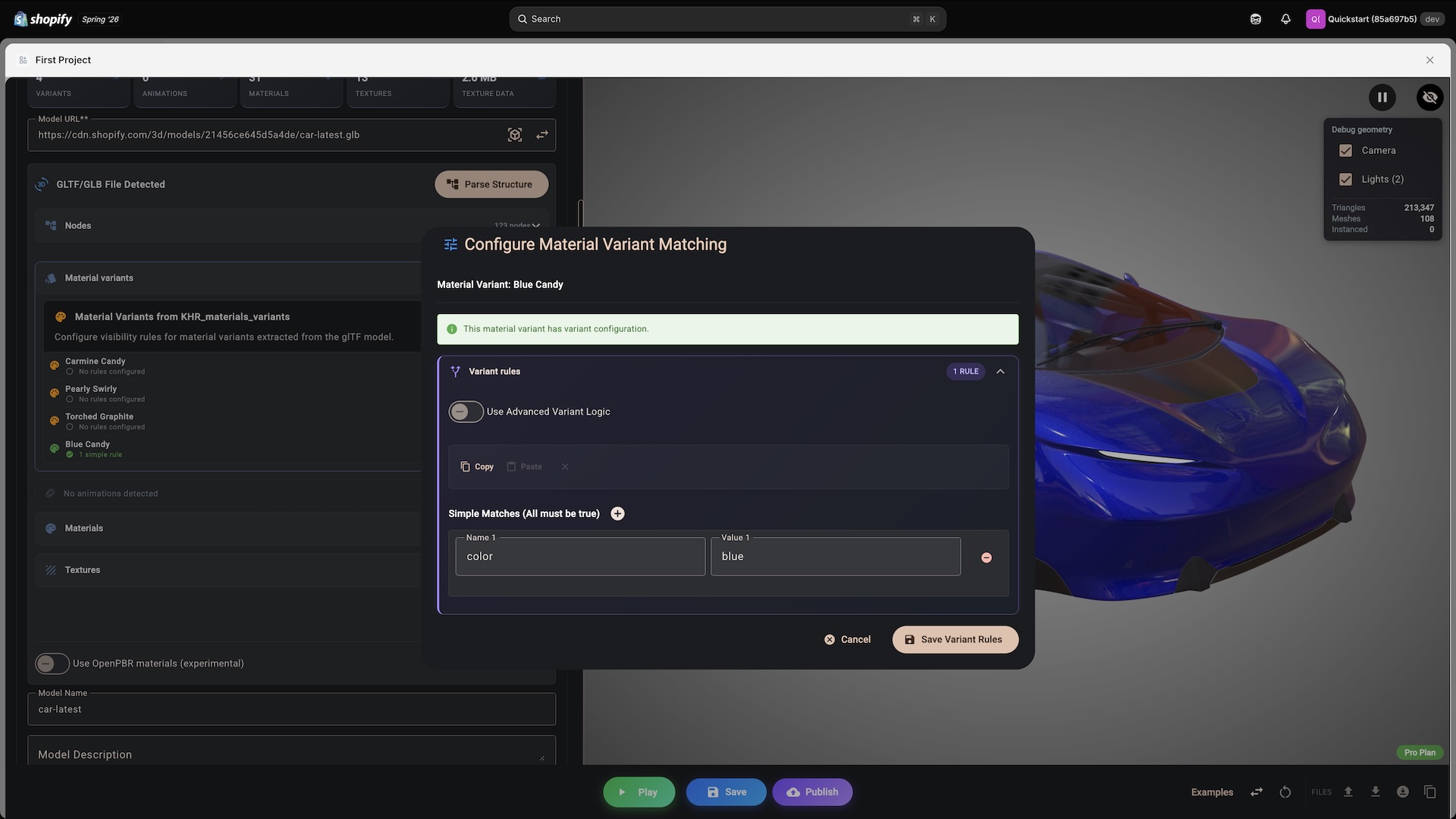 Configure material variant matching