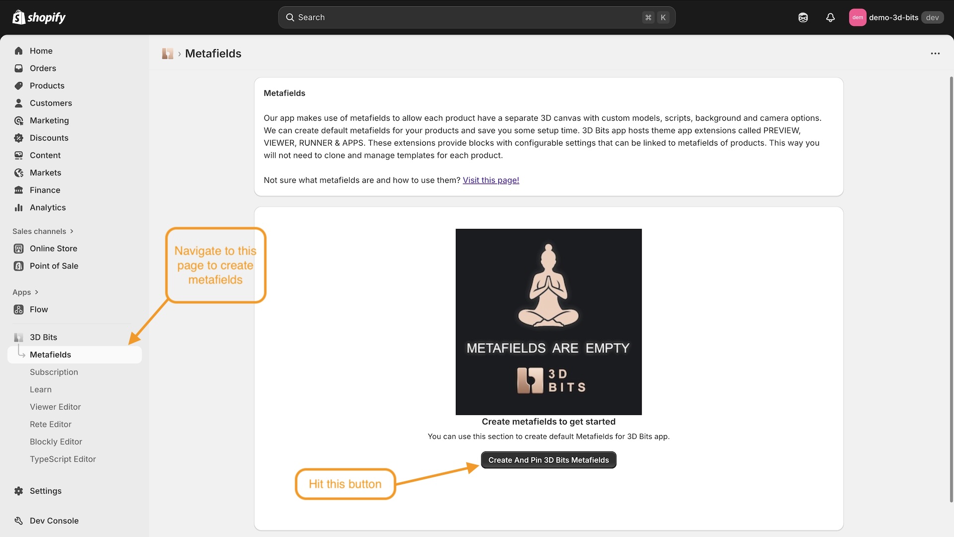 Create Shopify Metafields for 3D Bits App