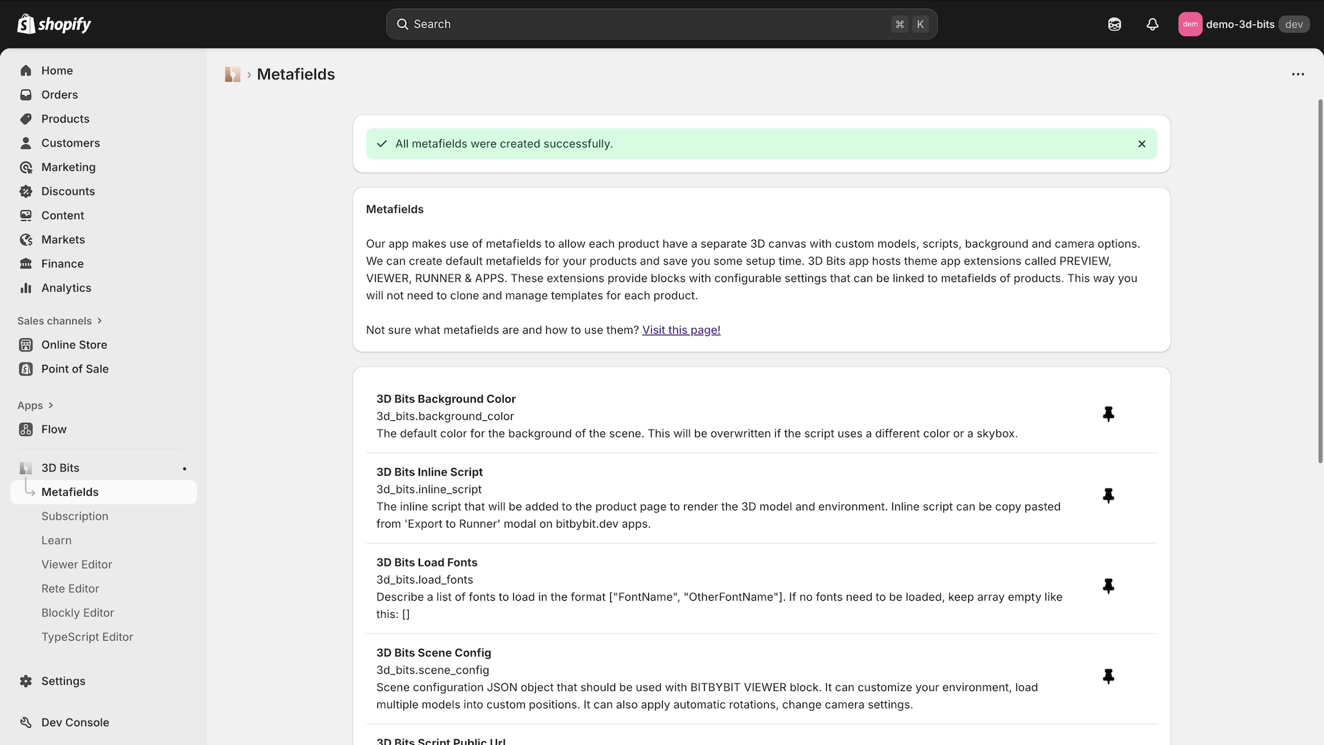 Metafields created successfully