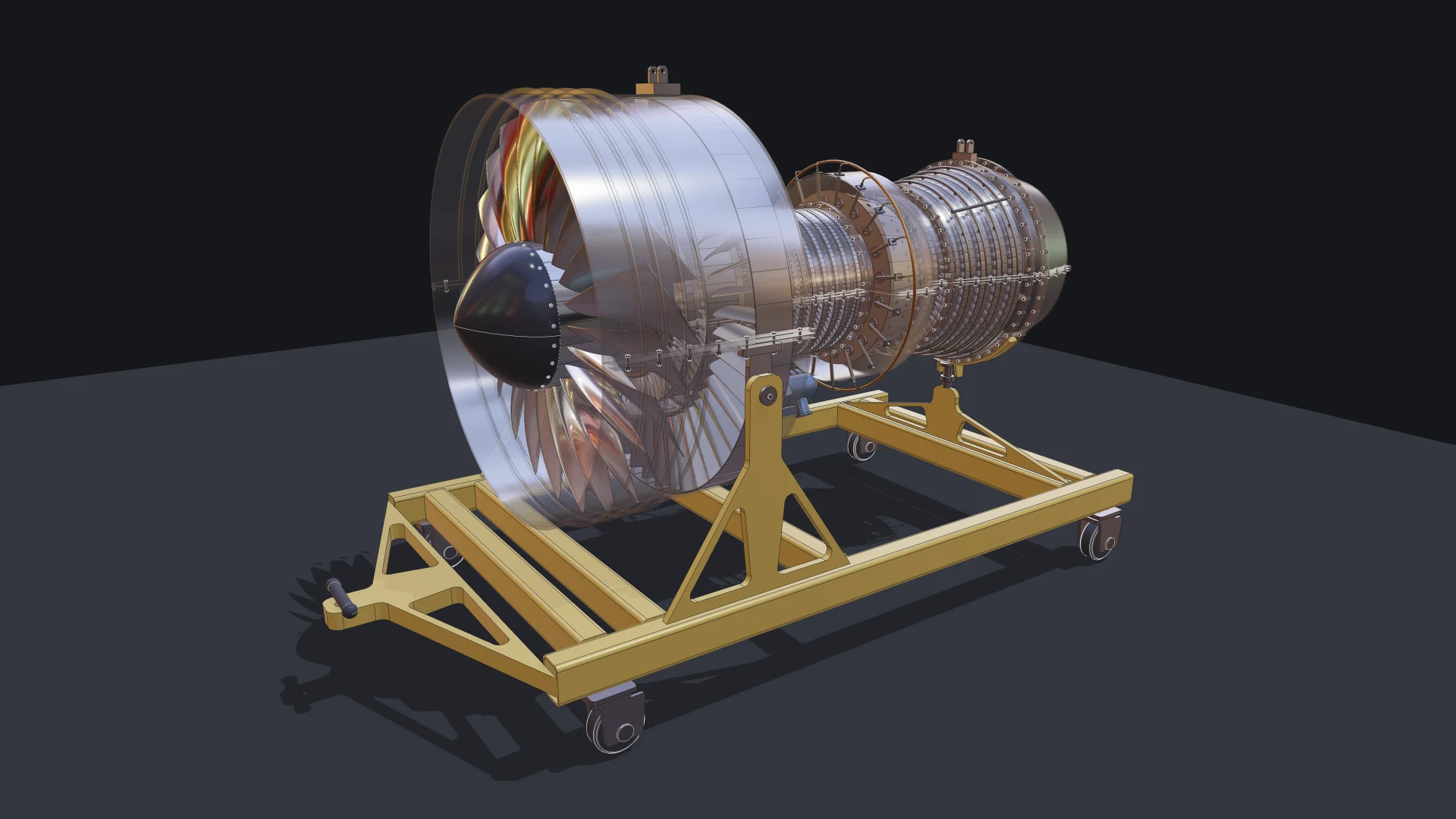 Turbofan engine built with Bitbybit: casing faded to show the internals, and the upper casing removed to show the spools 1