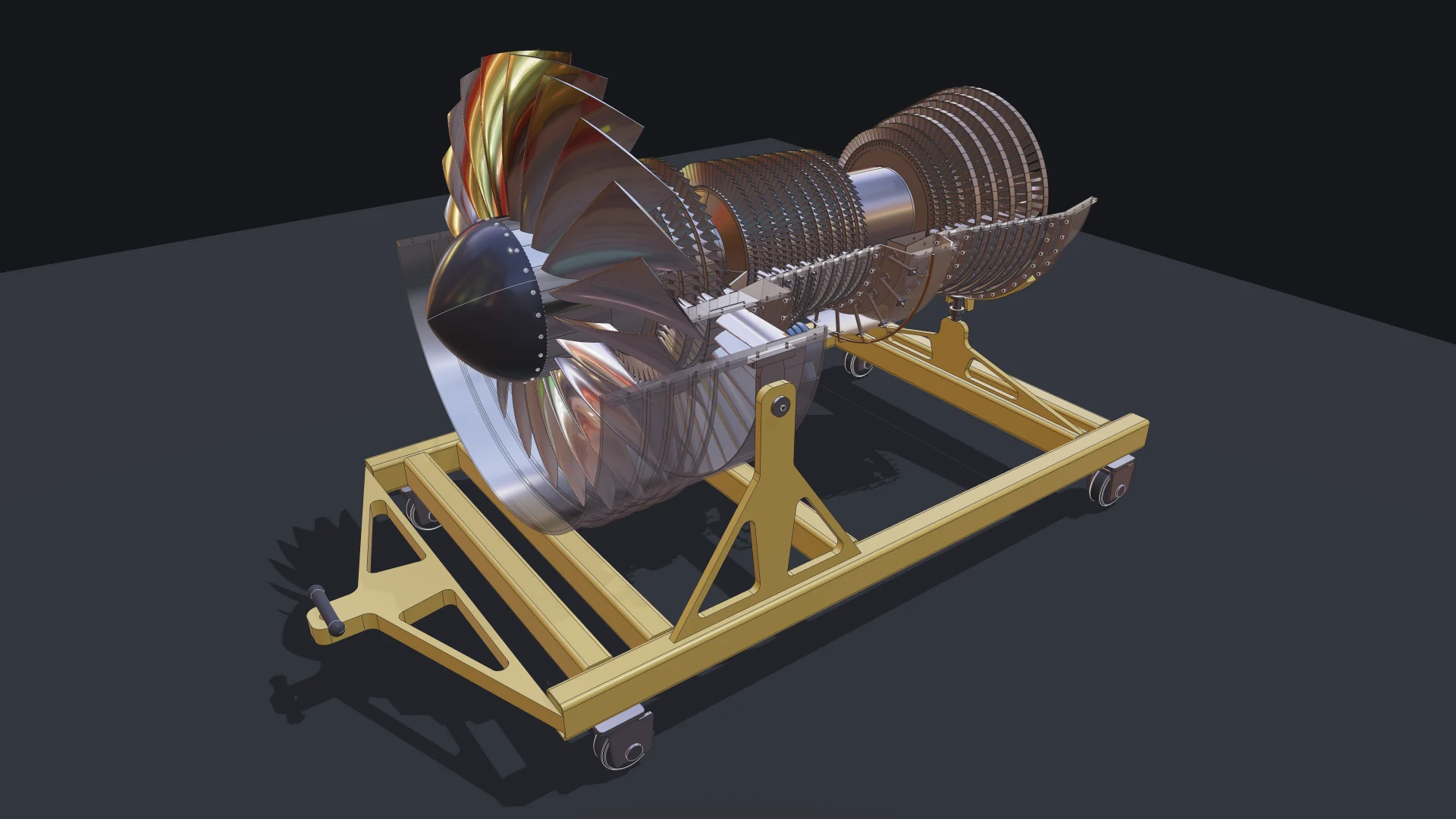 Turbofan engine built with Bitbybit: casing faded to show the internals, and the upper casing removed to show the spools 2