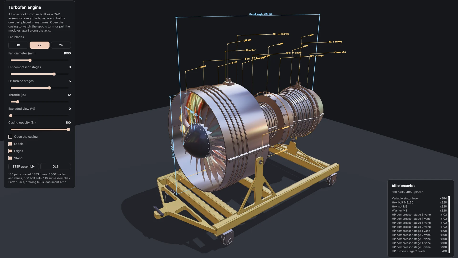 The turbofan as a multi-file TypeScript project in the Bitbybit editor, and its configurator panel with the bill of materials 2
