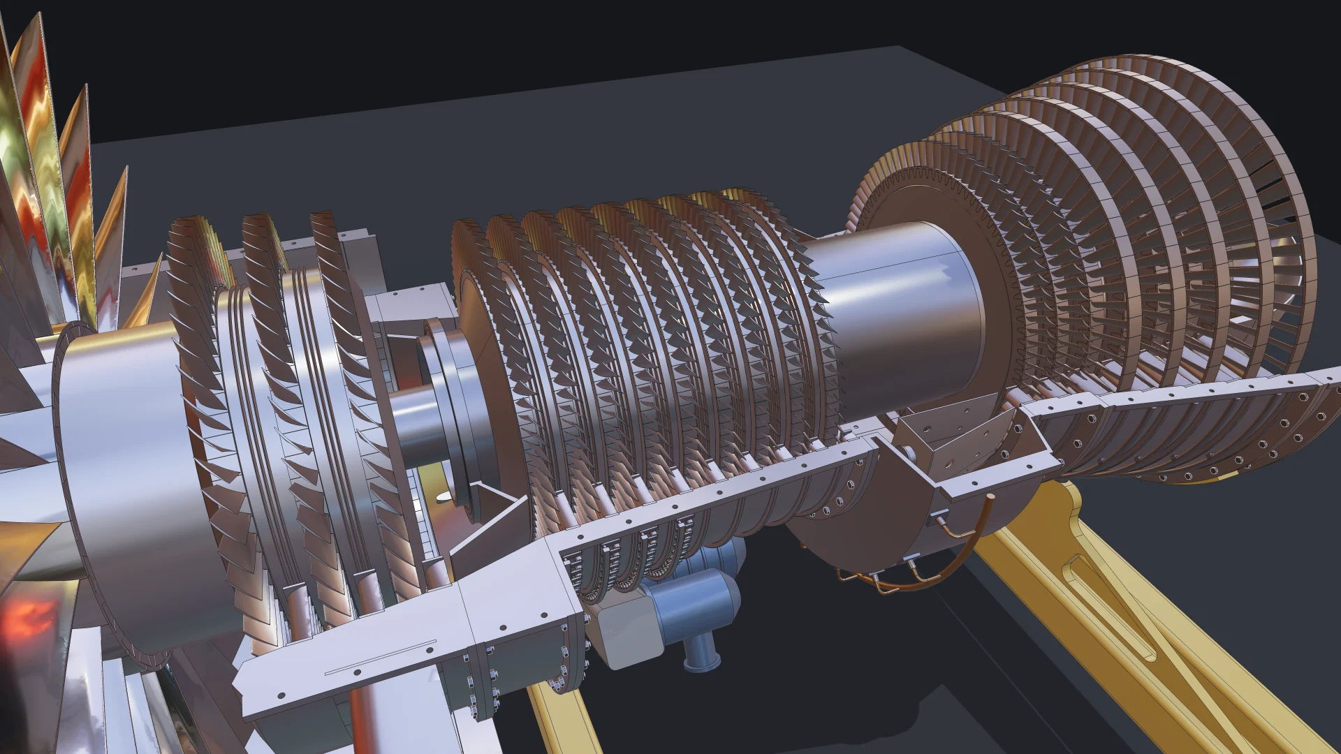 Turbofan engine details: fan and spinner, compressor and turbine stages, the welded stand, and the exploded view 2