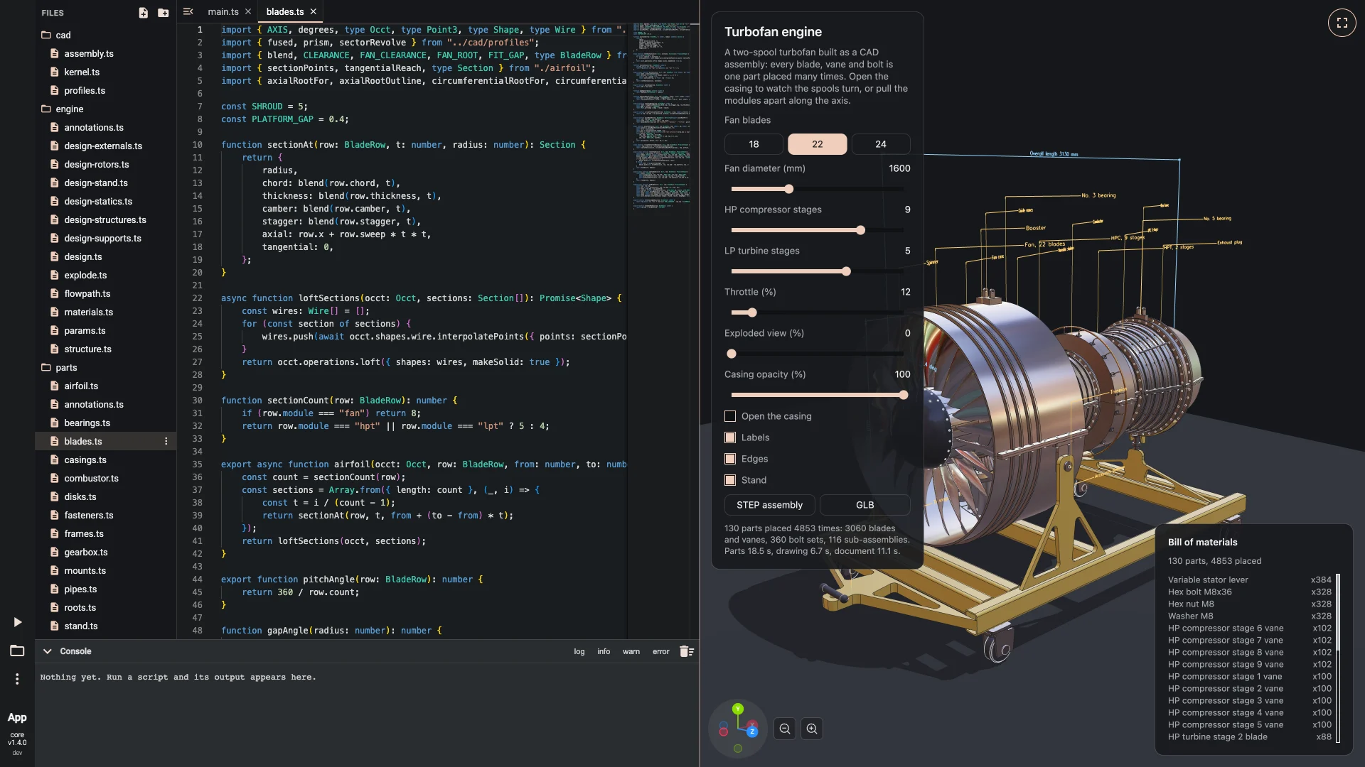 The turbofan as a multi-file TypeScript project in the Bitbybit editor, and its configurator panel with the bill of materials 1