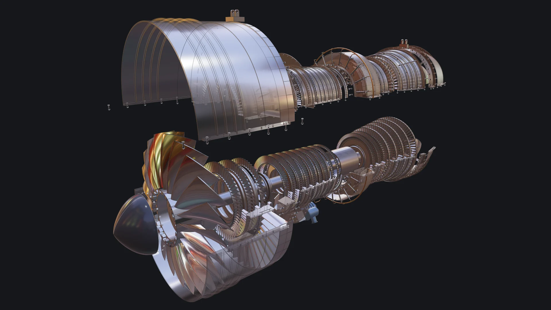 Every module of the turbofan pulled apart along its axis, with the upper casing lifted and see-through 1