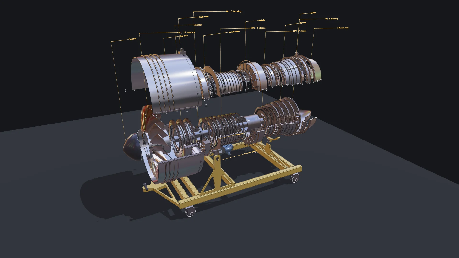 Turbofan engine details: fan and spinner, compressor and turbine stages, the welded stand, and the exploded view 4