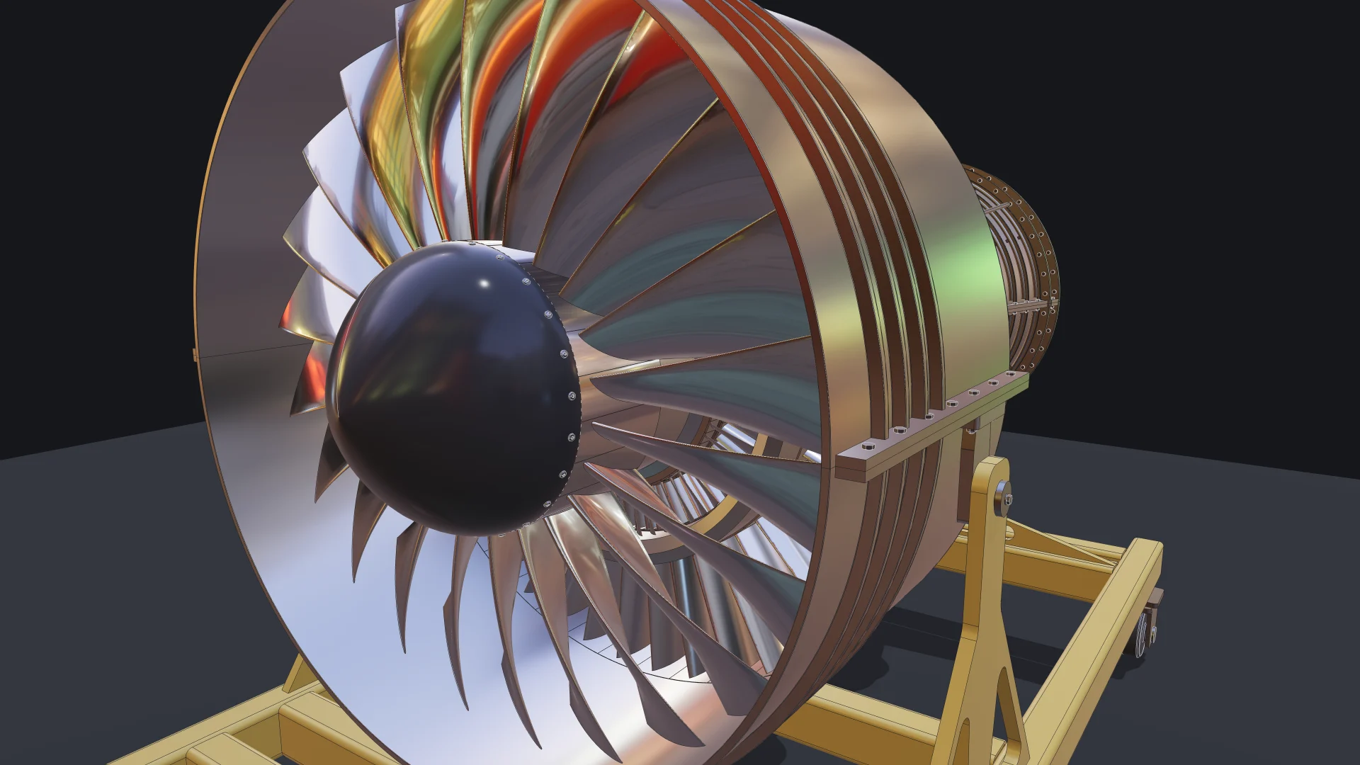 Turbofan engine details: fan and spinner, compressor and turbine stages, the welded stand, and the exploded view 1