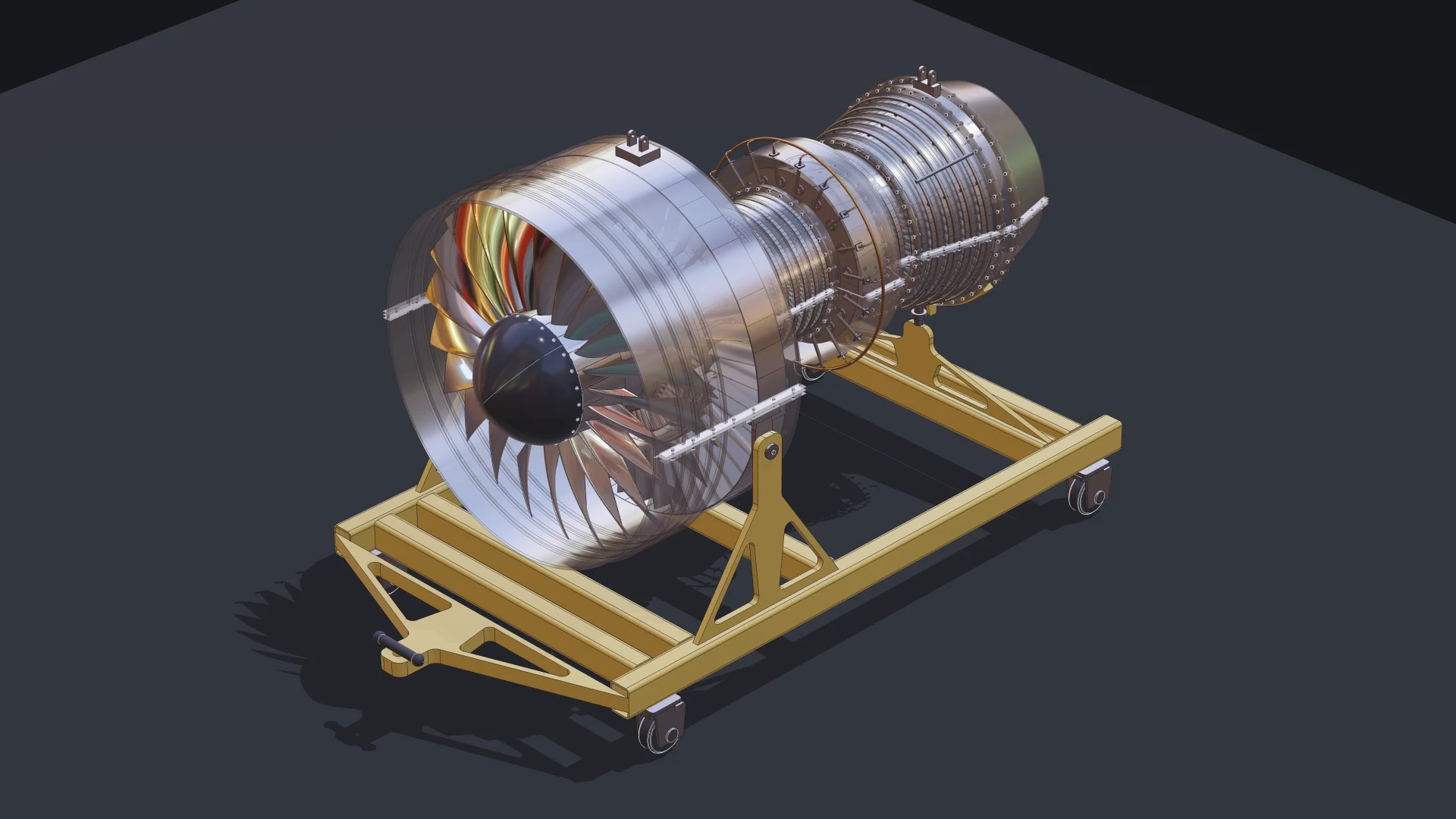 Isometric views of the turbofan engine: from the front with a see-through casing, and exploded from the rear 1