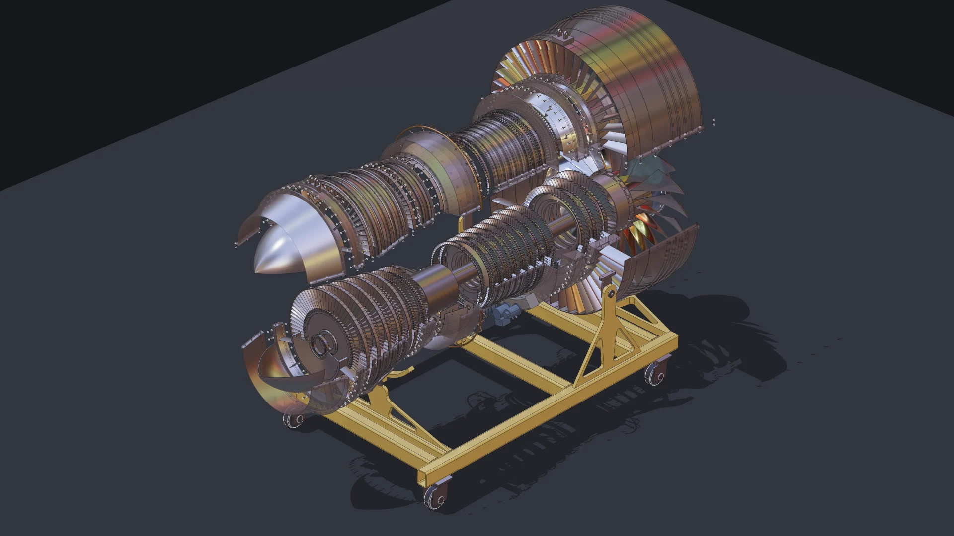 Isometric views of the turbofan engine: from the front with a see-through casing, and exploded from the rear 2