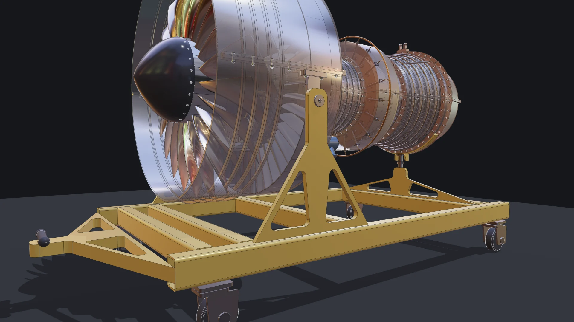 Turbofan engine details: fan and spinner, compressor and turbine stages, the welded stand, and the exploded view 3
