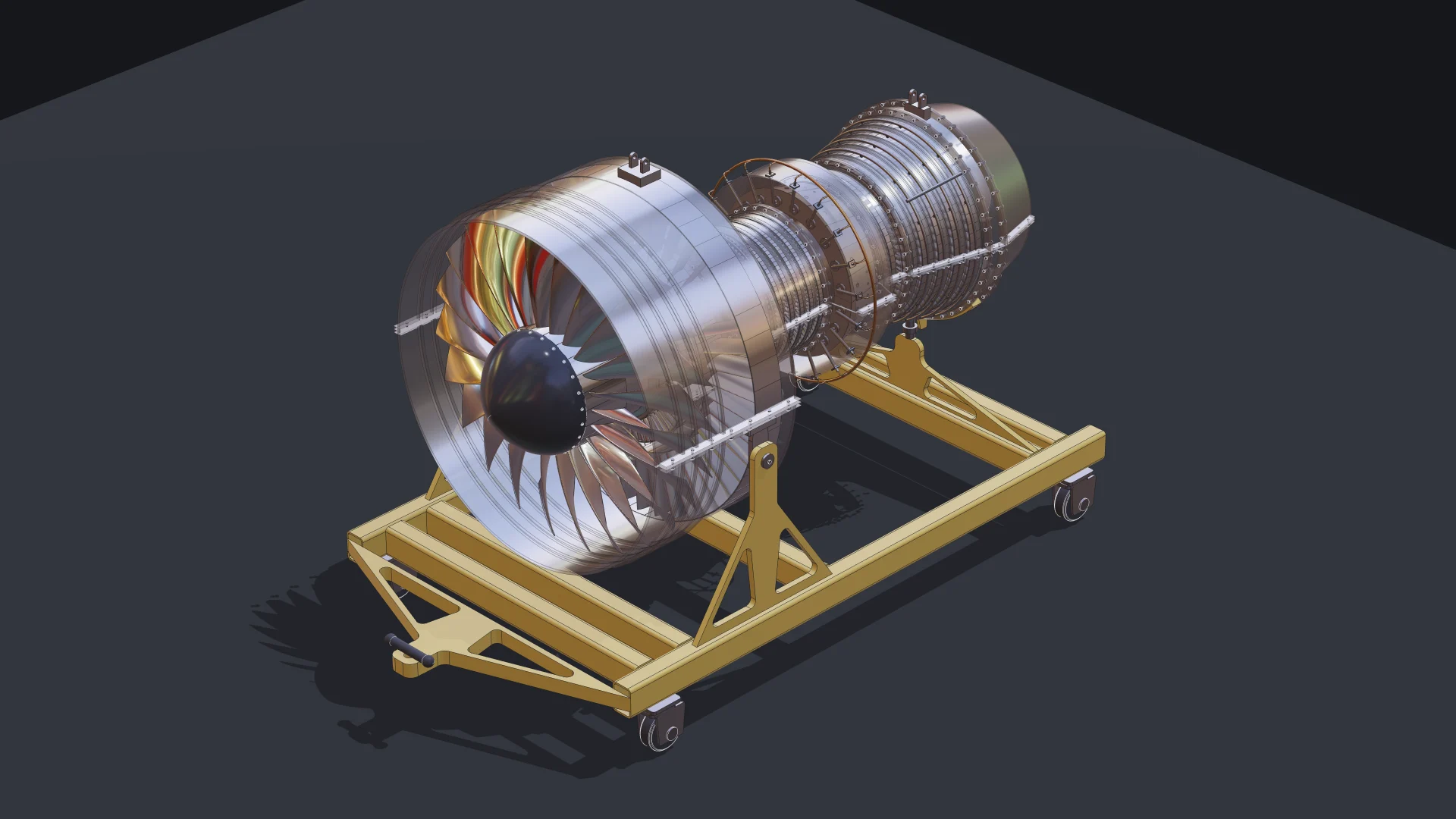 The same turbofan code with a small, the default and a large set of parameters, seen from the same camera 2