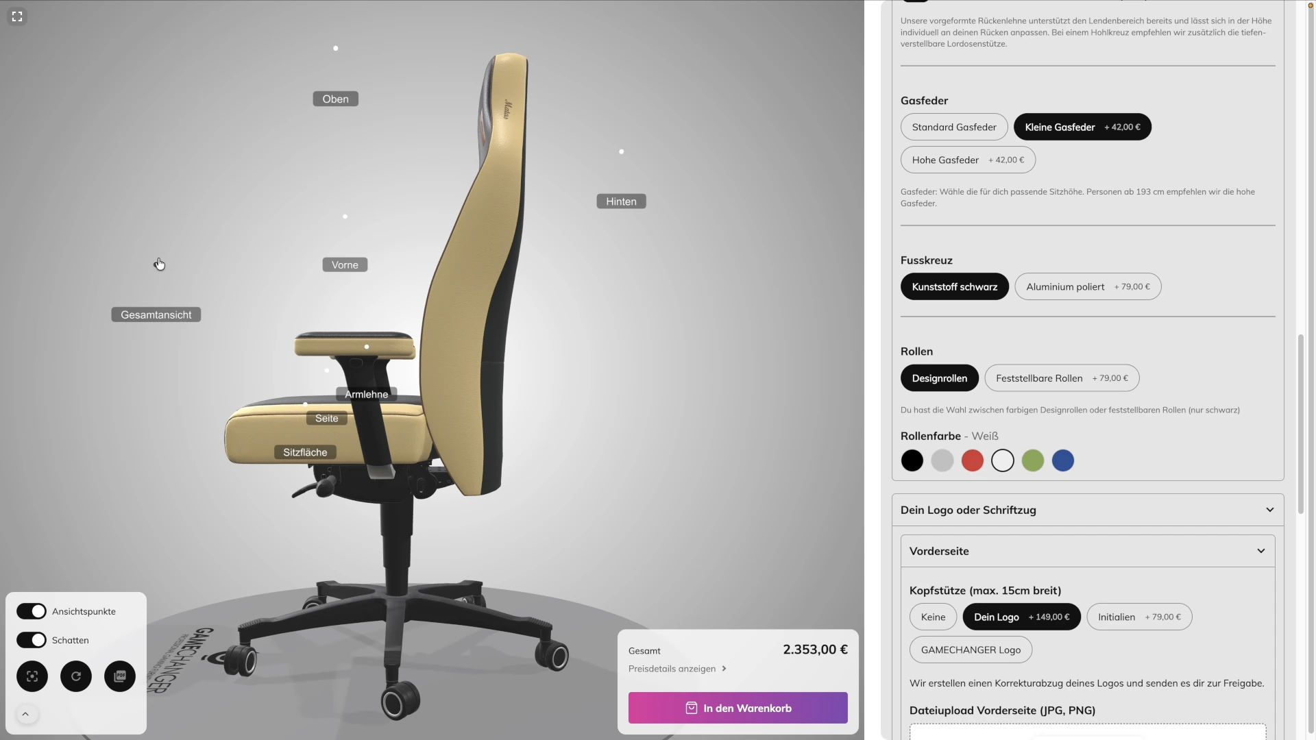 Gamechanger personalised gaming chair 3D configurator on Shopify 1