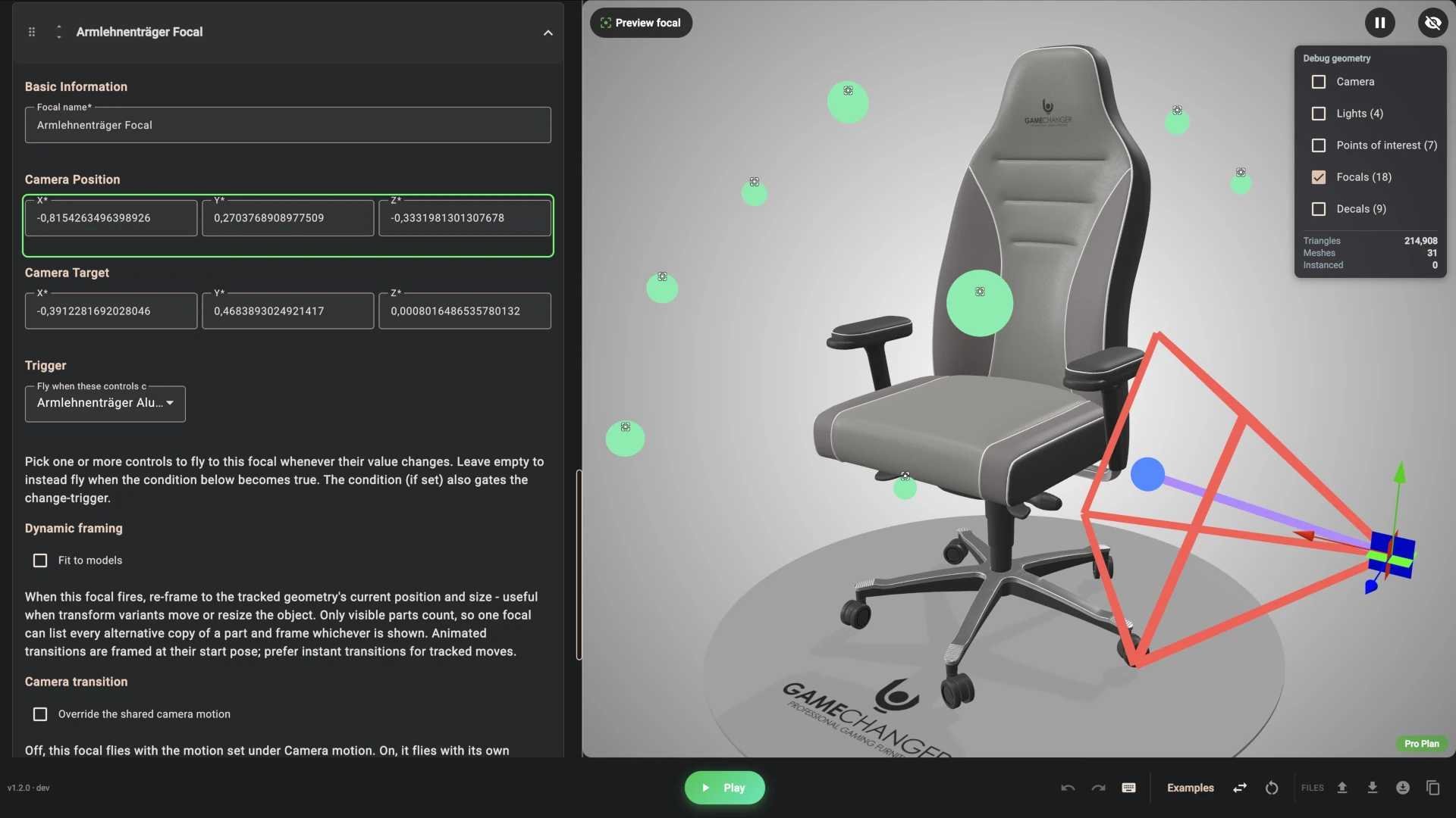 Gamechanger configurator focal camera views of armrest, base, castors and side panel 2