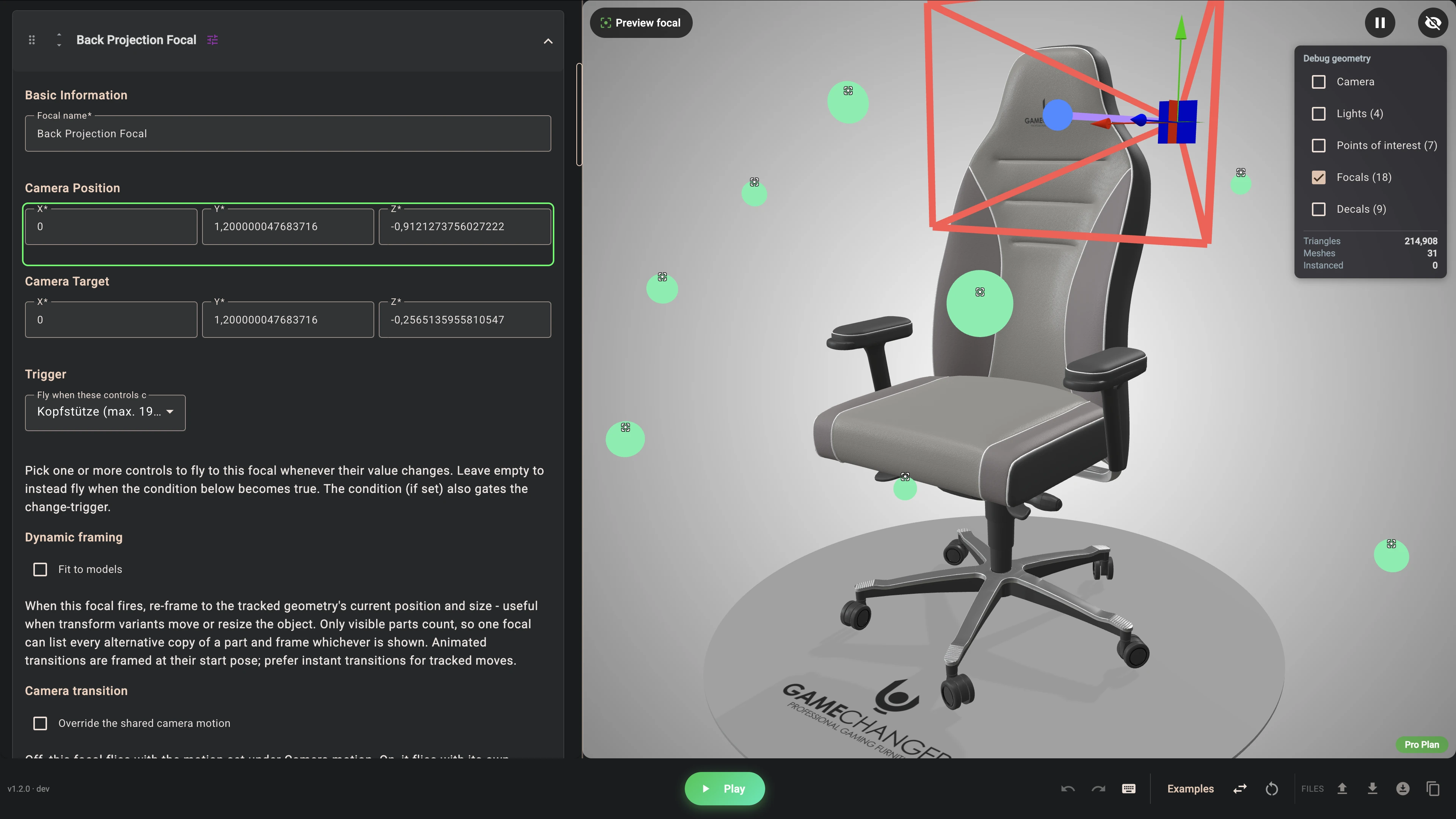 Gamechanger configurator focal camera views of armrest, base, castors and side panel 4