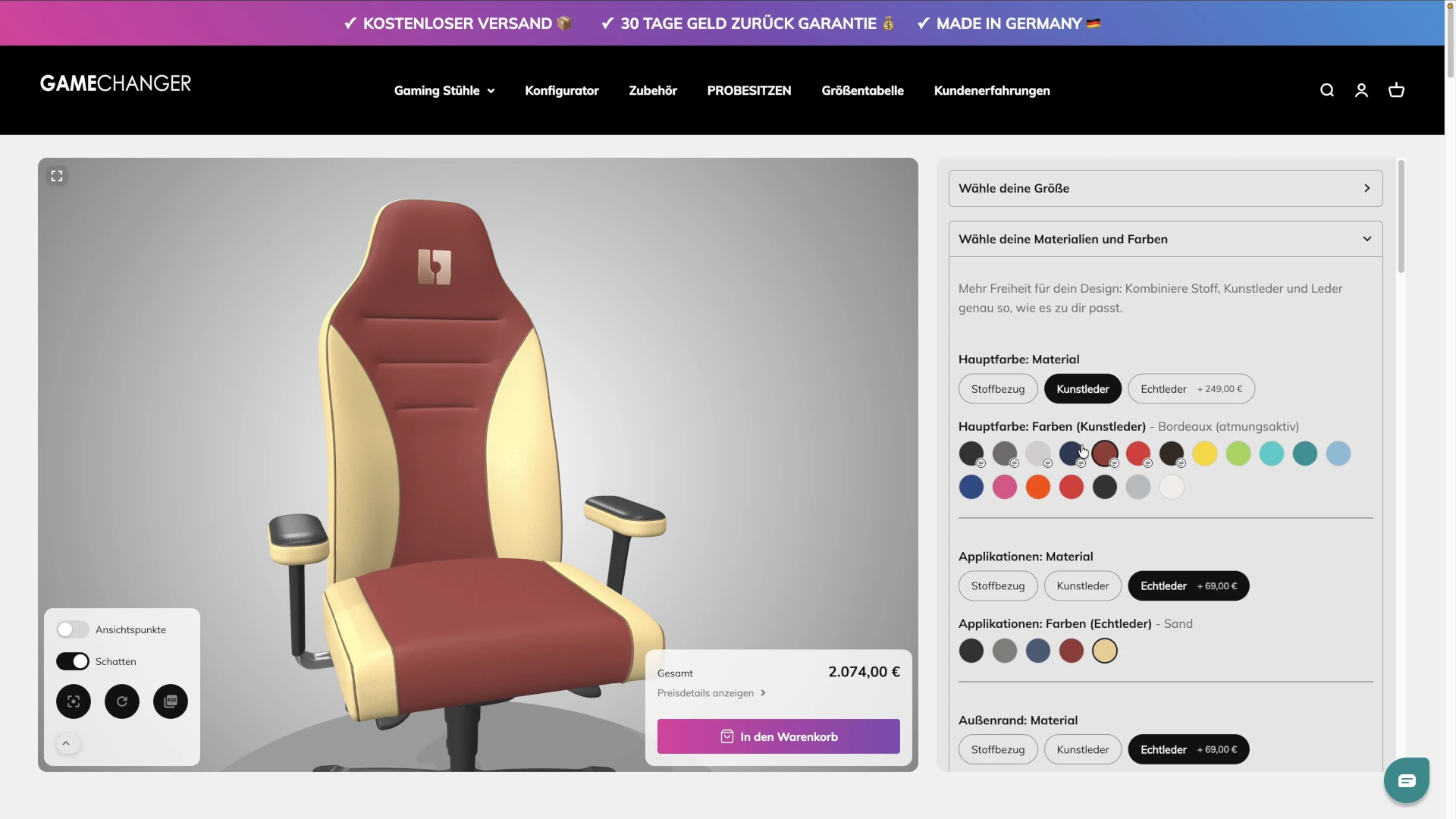 Gamechanger gaming chair configurator materials and colours 1