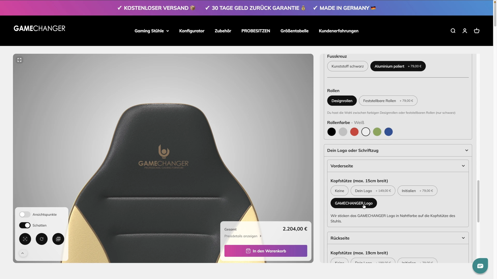 Gamechanger chair with embroidered initials and uploaded logo projected onto the headrest 2