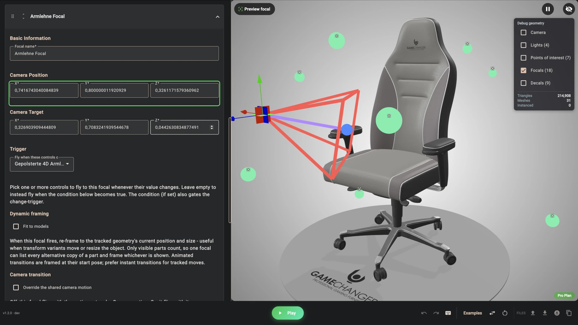 Gamechanger configurator focal camera views of armrest, base, castors and side panel 1