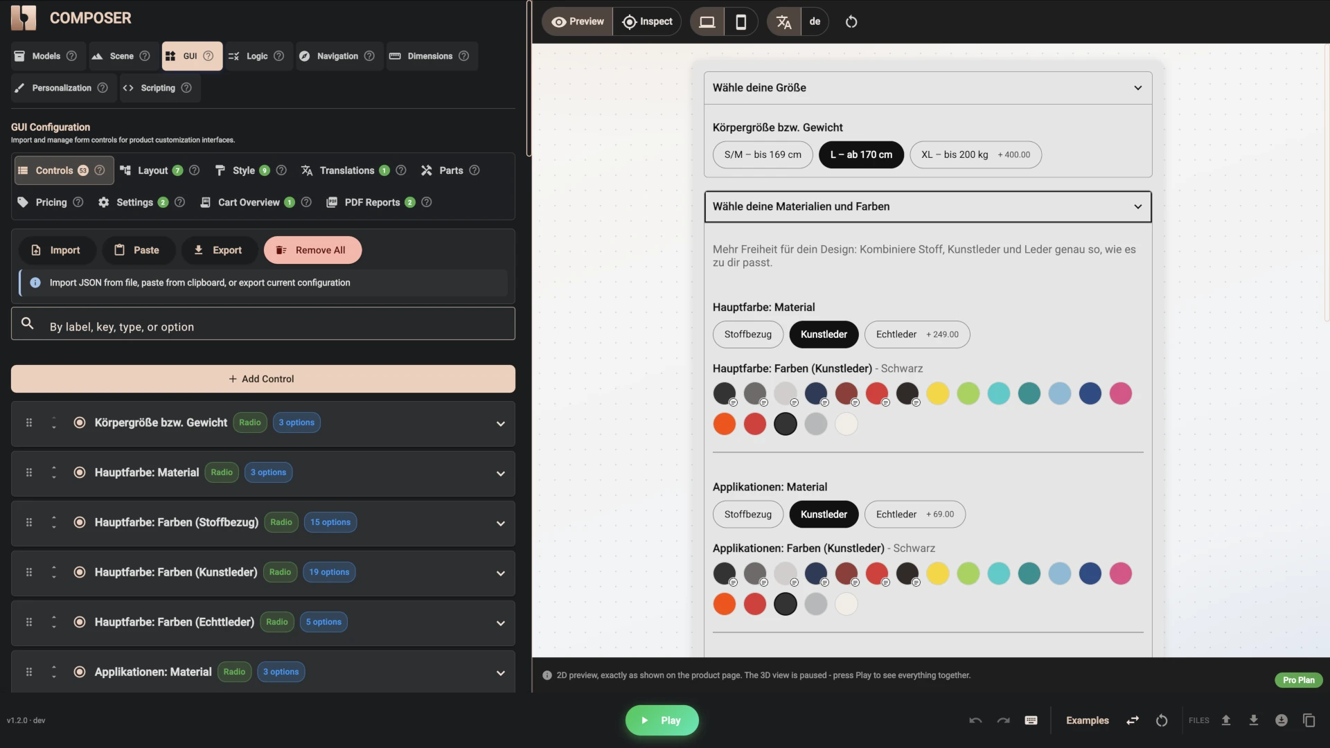 Composer Layout and Controls tabs for the Gamechanger chair 1