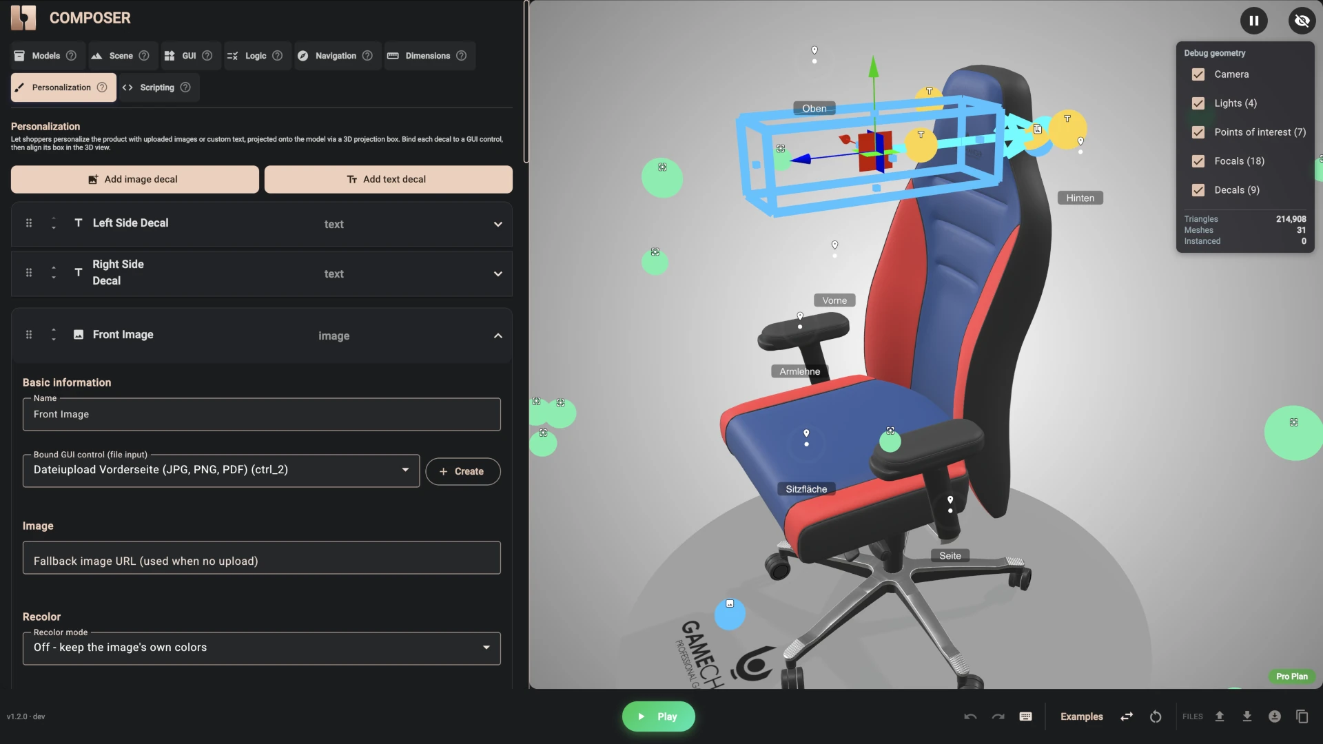 Composer Personalisation tab showing the decal projection box on the chair 1