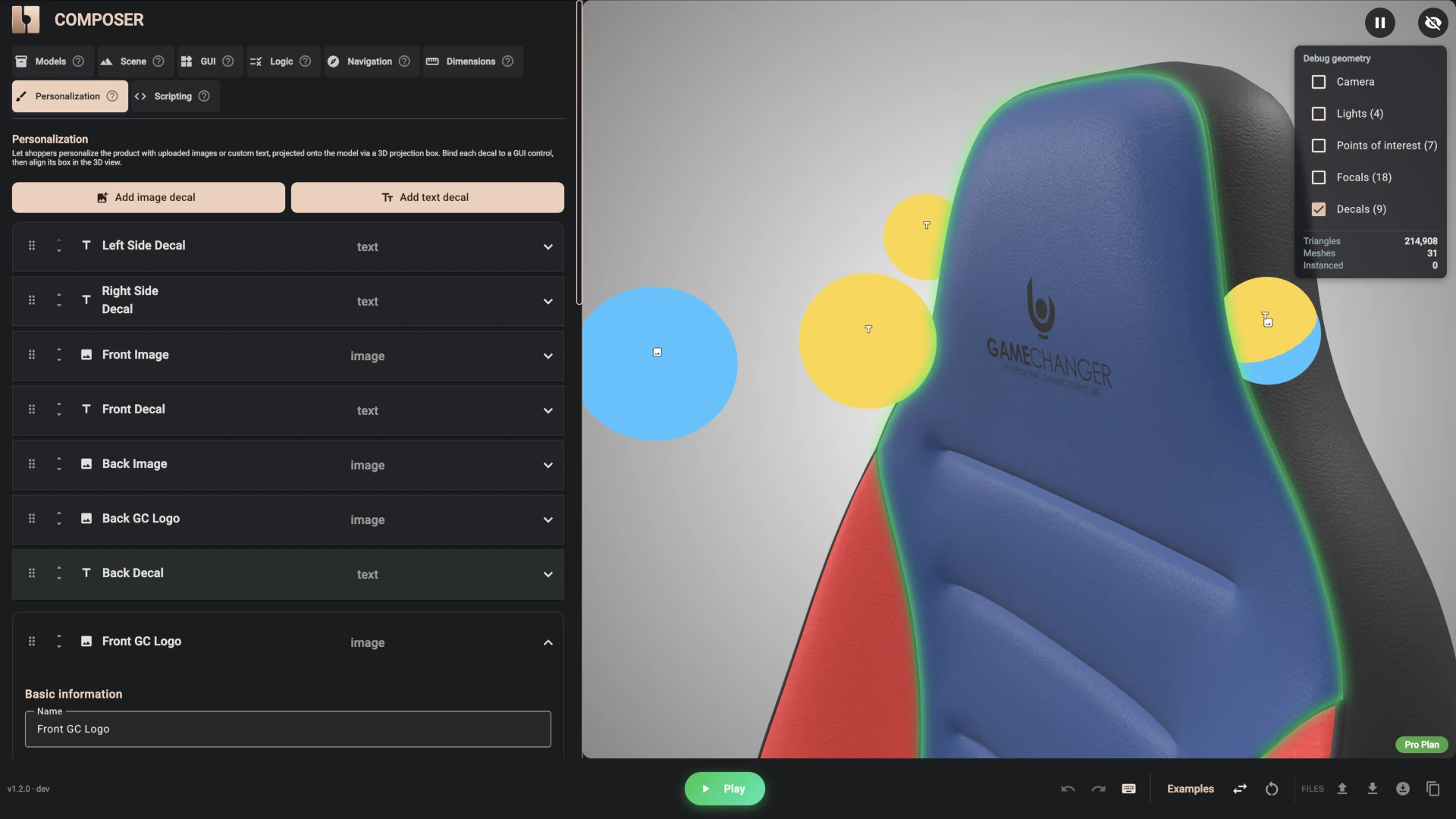 Composer Personalisation tab showing the decal projection box on the chair 2