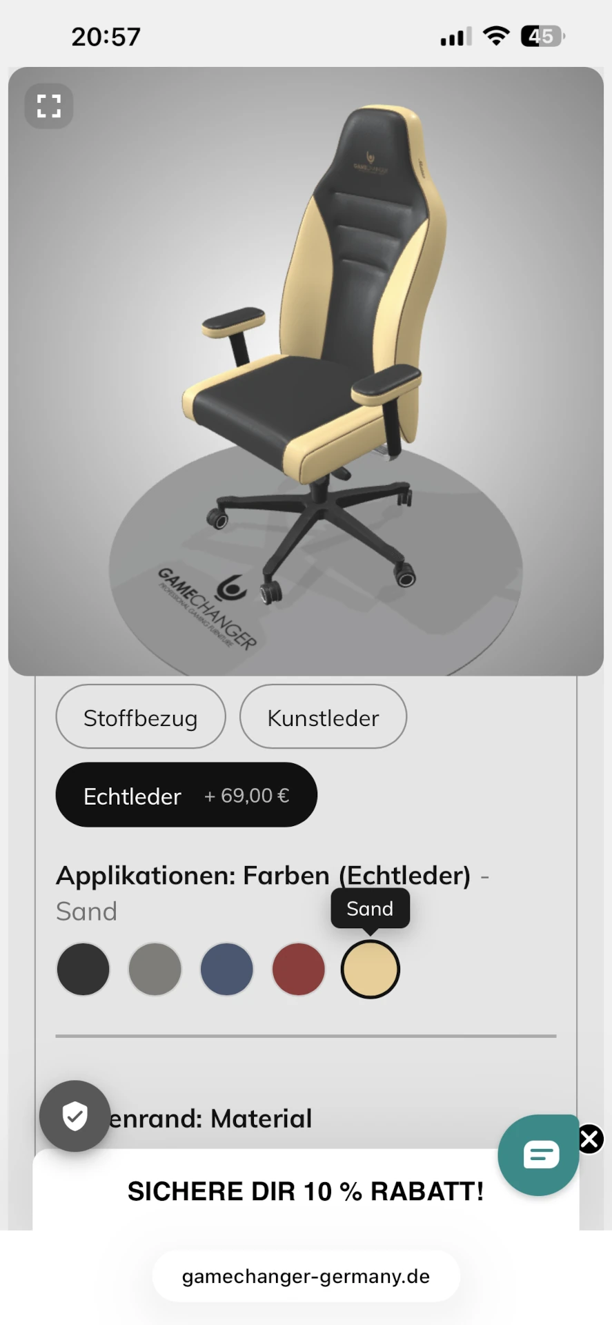 Gamechanger gaming chair configurator on mobile 3