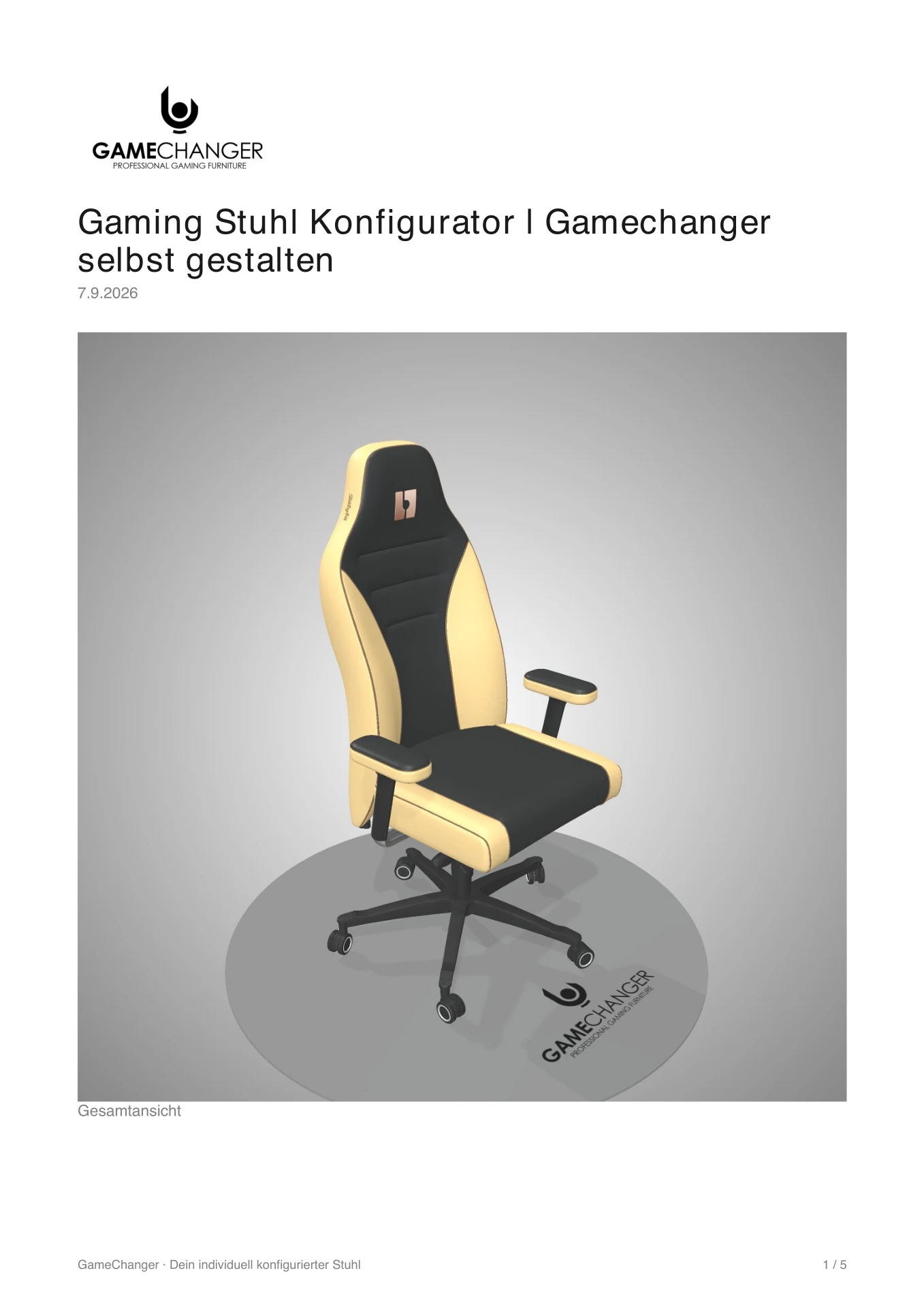 Gamechanger customer PDF with rendered chair views and configuration table 1