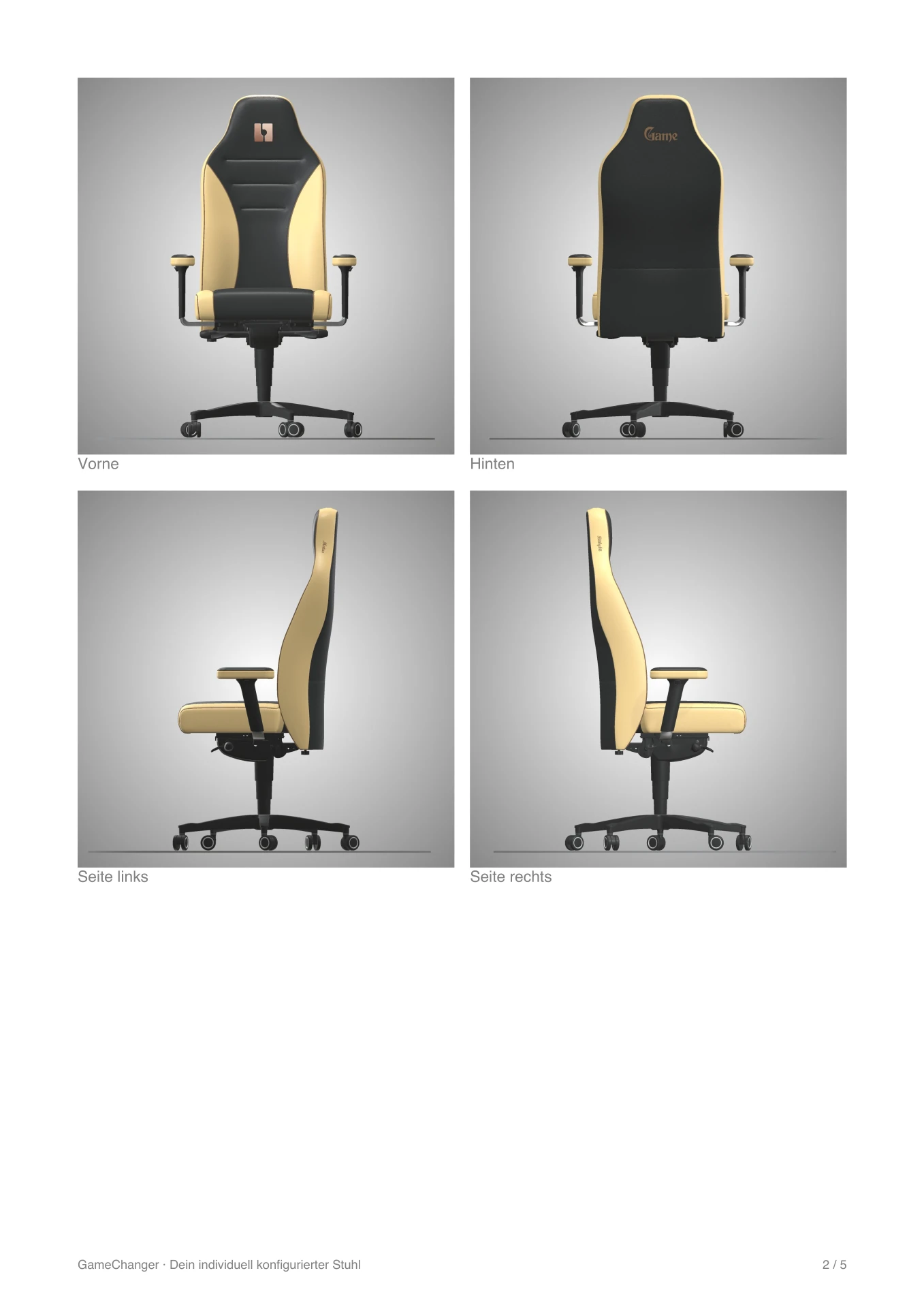 Gamechanger customer PDF with rendered chair views and configuration table 2
