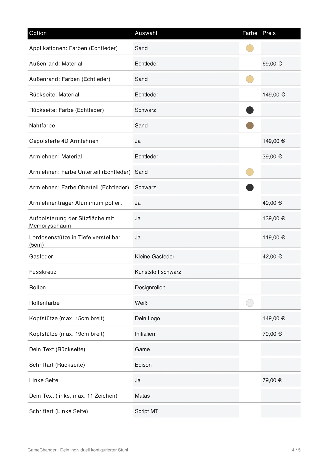 Gamechanger customer PDF with rendered chair views and configuration table 1