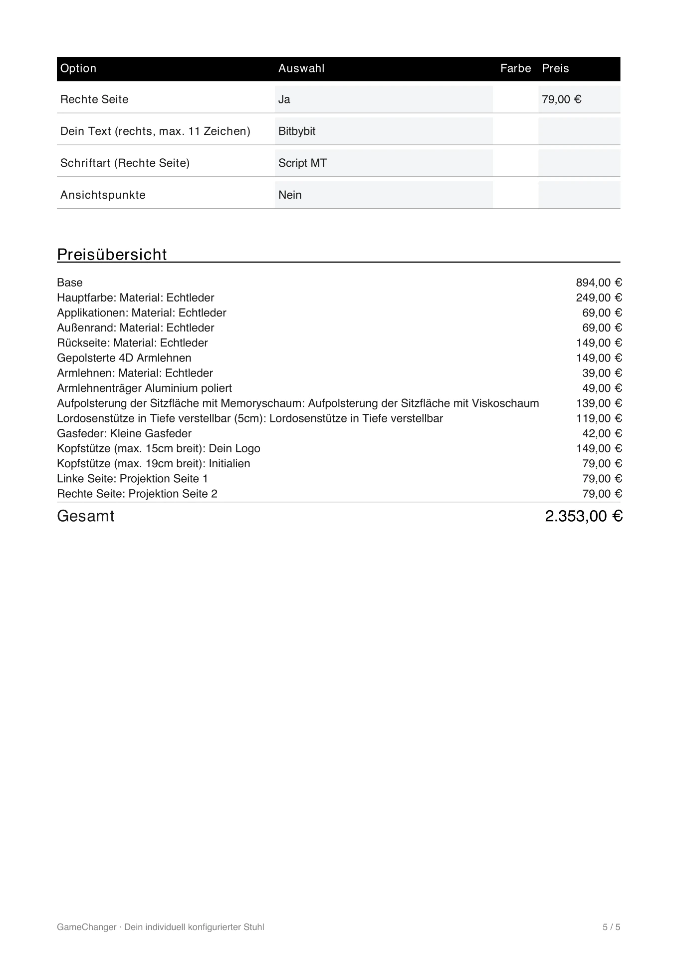 Gamechanger customer PDF with rendered chair views and configuration table 2
